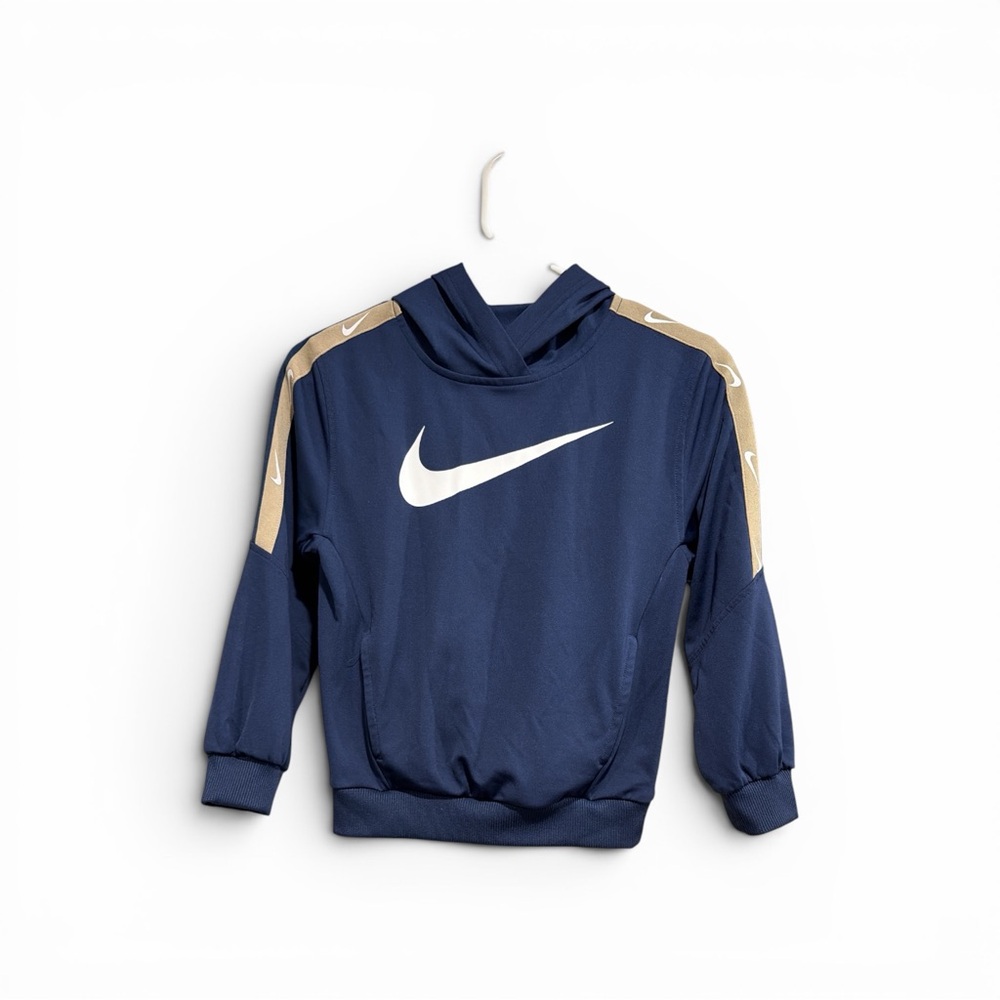 Nike Navy Blue Hoodie with White Swoosh and Tan Shoulder Stripes. Pre loved.